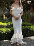 Elegant Pleated Chiffon Ruffle Trim Spaghetti Strap Maxi Dress