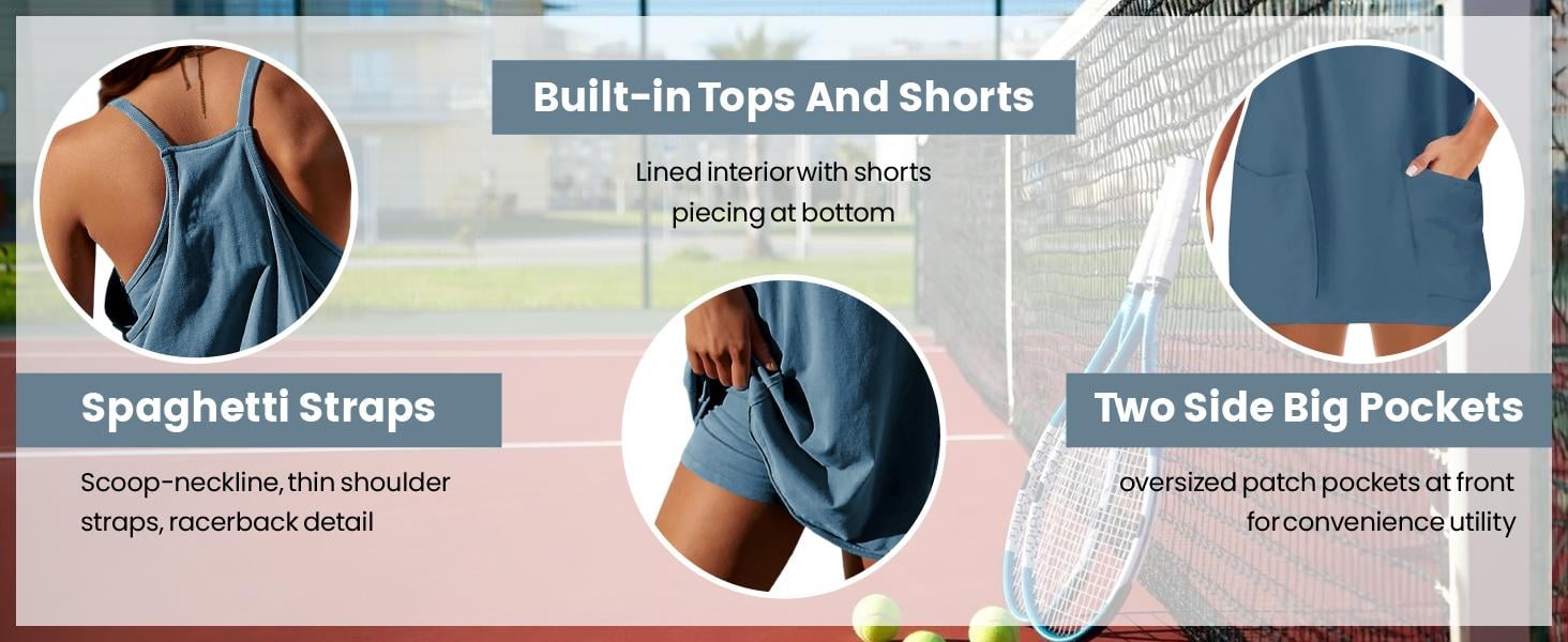 🔥 Women's Summer Sleeveless Mini Dress with Built-in Shorts V Neck Spaghetti Straps Athletic Shorts Tennis Dress with Pockets