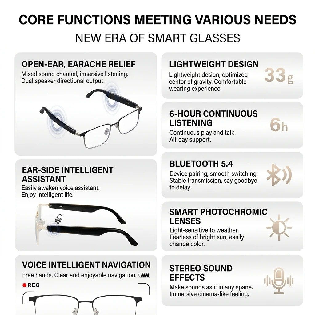 👀 All-weather mobile AI eye assistant, real-time synchronous translation in milliseconds, cross-border barrier-free communication, hands-free calls, music playback, message voice notifications, first-person high-definition shooting