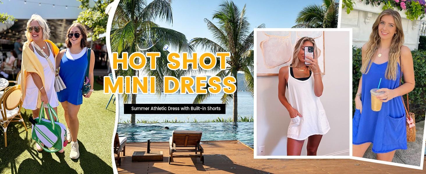 🔥 Women's Summer Sleeveless Mini Dress with Built-in Shorts V Neck Spaghetti Straps Athletic Shorts Tennis Dress with Pockets