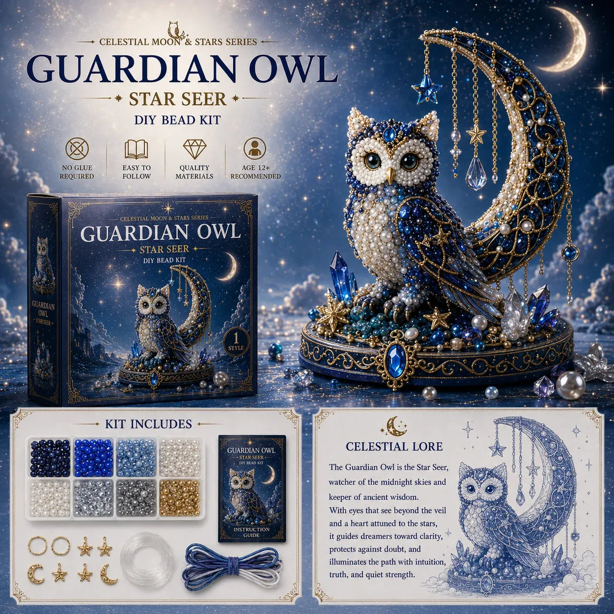 TODAY'S SPECIAL OFFER-56% OFF🔥🦉 Moon Owl Guardian DIY Bead Kit | Celestial Moon & Stars Series