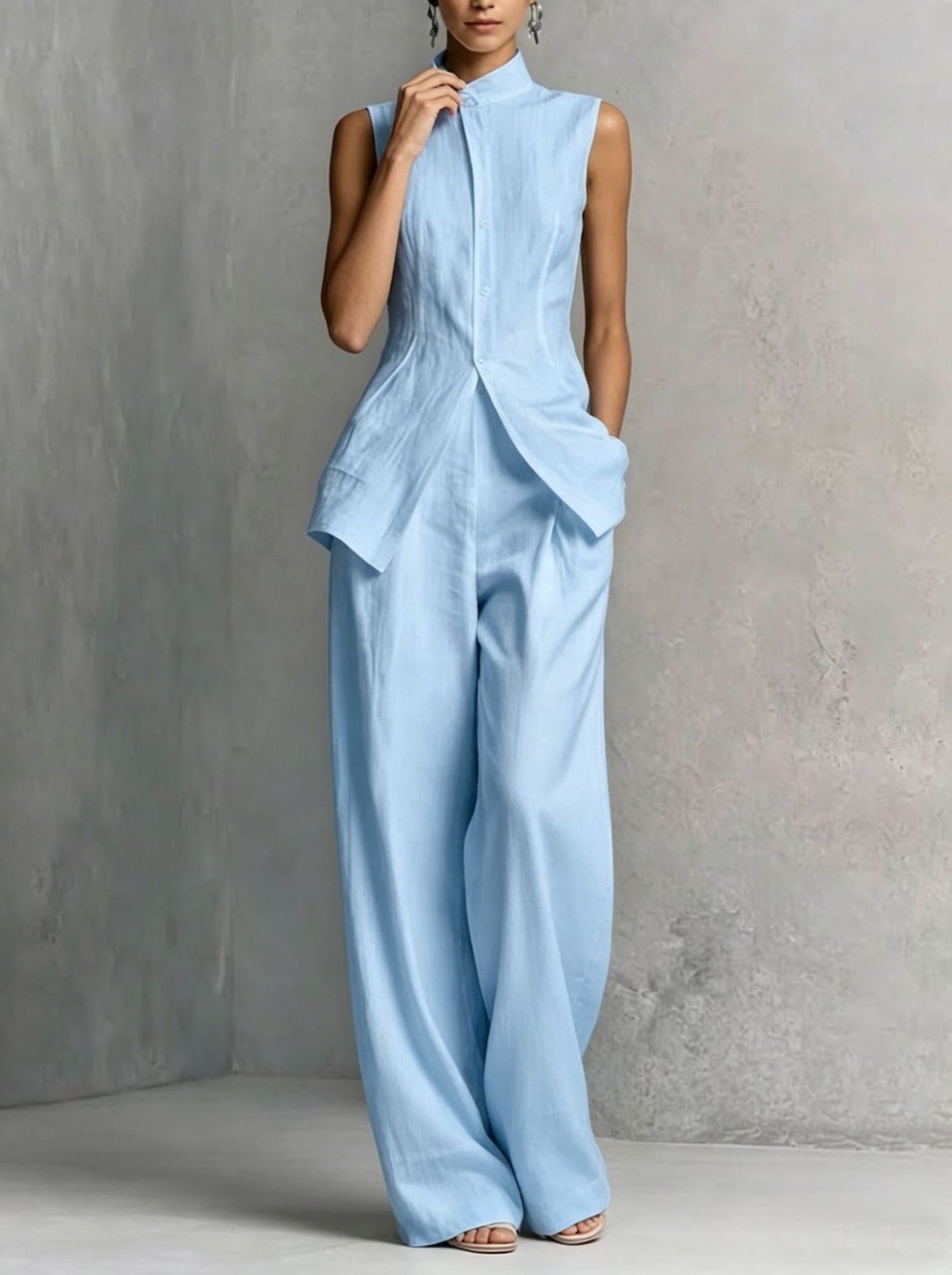 Linen Sleeveless Wide-Leg Set