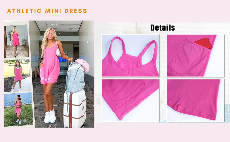 🔥 Women's Summer Sleeveless Mini Dress with Built-in Shorts V Neck Spaghetti Straps Athletic Shorts Tennis Dress with Pockets