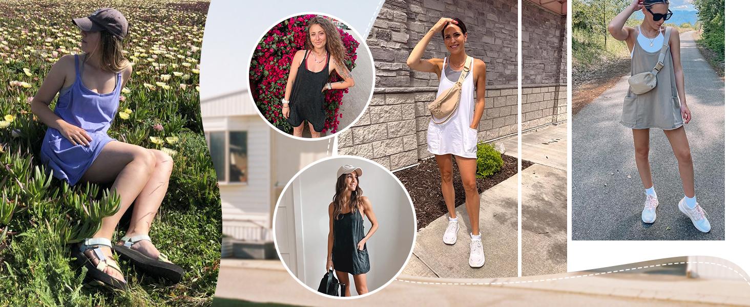 🔥 Women's Summer Sleeveless Mini Dress with Built-in Shorts V Neck Spaghetti Straps Athletic Shorts Tennis Dress with Pockets