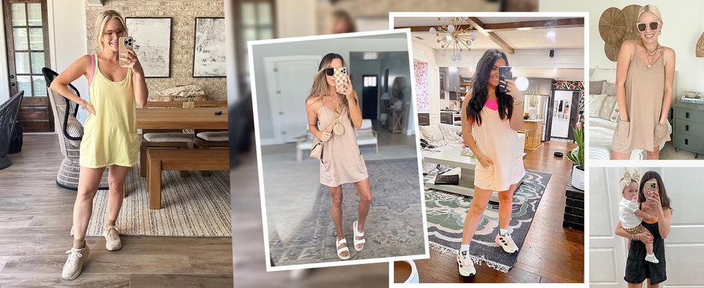 🔥 Women's Summer Sleeveless Mini Dress with Built-in Shorts V Neck Spaghetti Straps Athletic Shorts Tennis Dress with Pockets