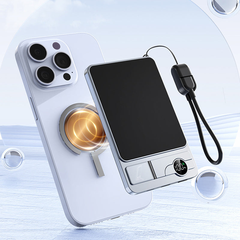 🔋 3-in-1 Magnetic Portable Charger – Wireless, Built-in Stand, Slim 🍃